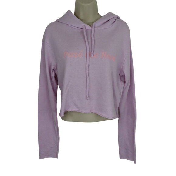Wildfox Womens Large Pass the Rose Purple Pink Crop Hoodie Pullover Sweatshirt - Picture 9 of 10